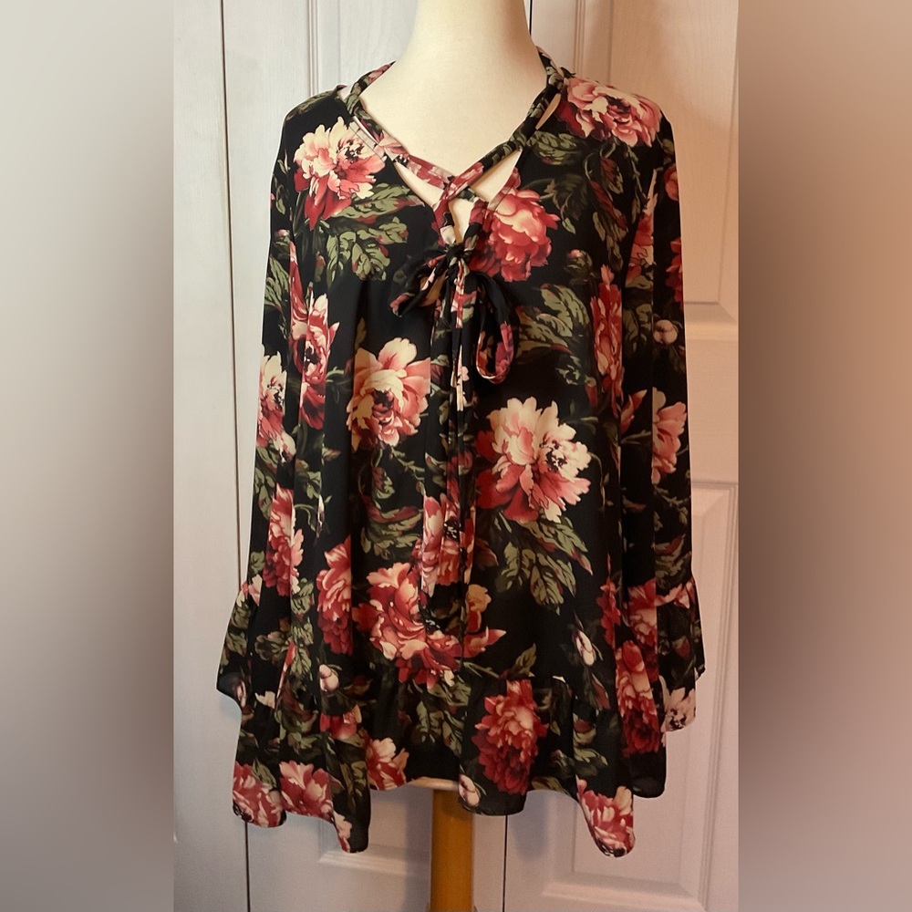 Pleione‎ Black Floral Long Sleeve Peasant Blouse Top Size XL